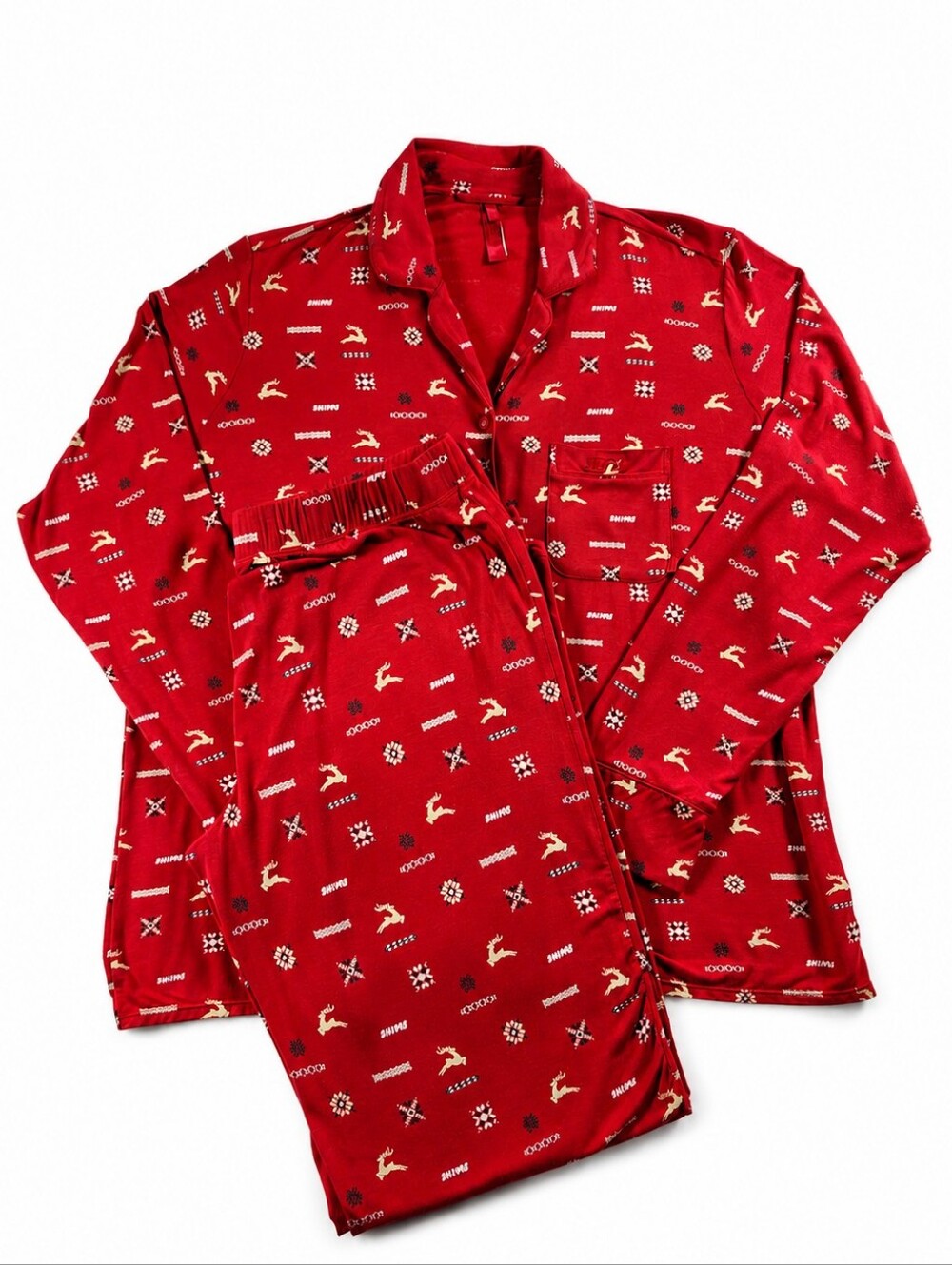 SKIMS Holiday Pajama Set L Red Fair Isle Reindeer Christmas PJs EUC